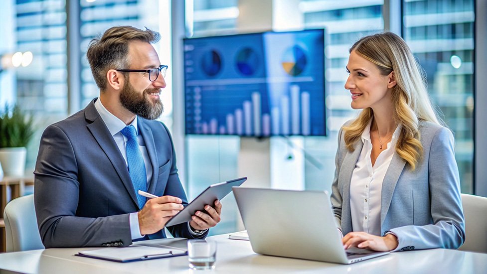 Business people discussing over a digital tablet and laptop.
